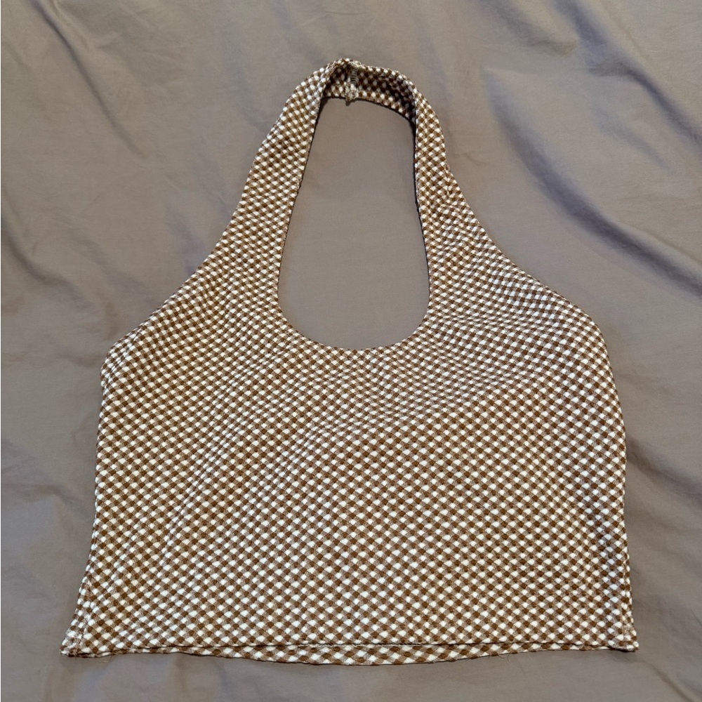 Brown/White Checkered Halter Crop Tank